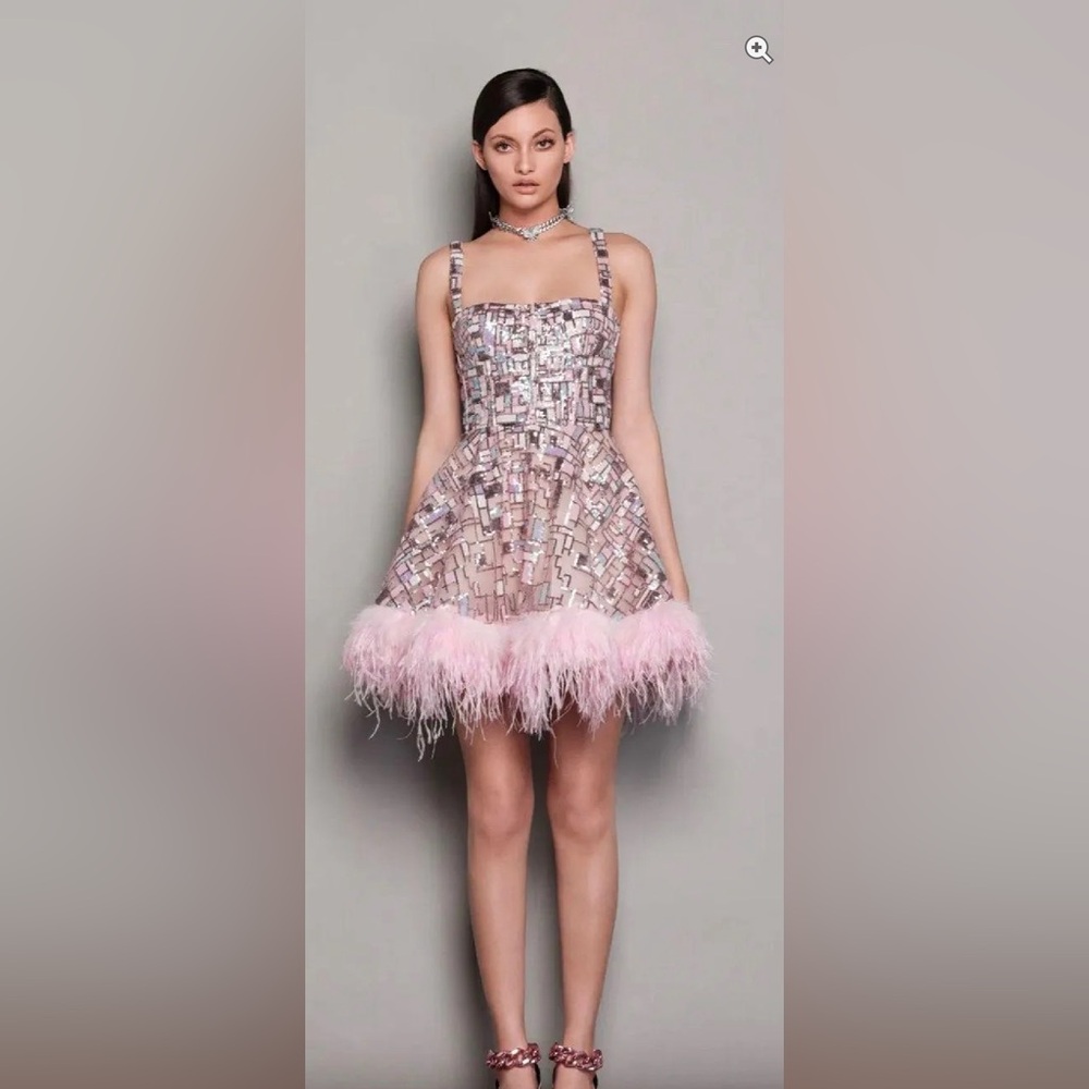 Bronx and Banco Mademoiselle Feather-Trim Minidress in pink. Only worn once!